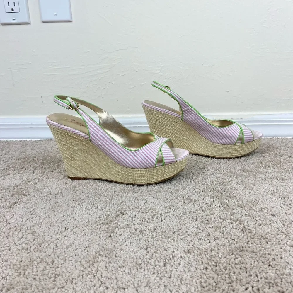 Lilly Pulitzer Hotty Espadrilles Wedge Shoes - Pink & White Stripe